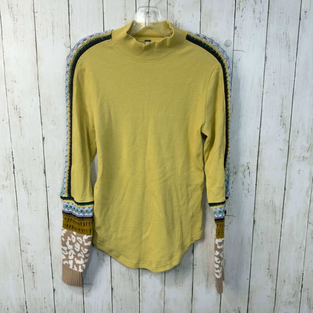 Free People Women's Knit Thermal‎ Mock Neck Yellow Top Multicolor Sleeve Size L